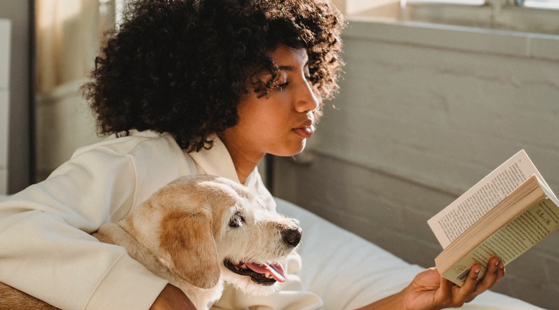 a woman reading a book on a bed with a dog